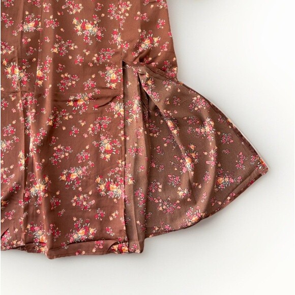 Vici Brown Floral Satin Dress Size M Balloon Sleeve Hippie Boho Glam - Picture 2 of 7